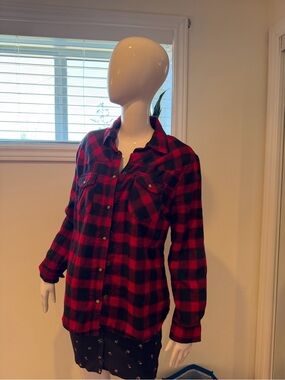 JACHS Girlfriend Red Black Plaid Sherpa Lined Flannel L